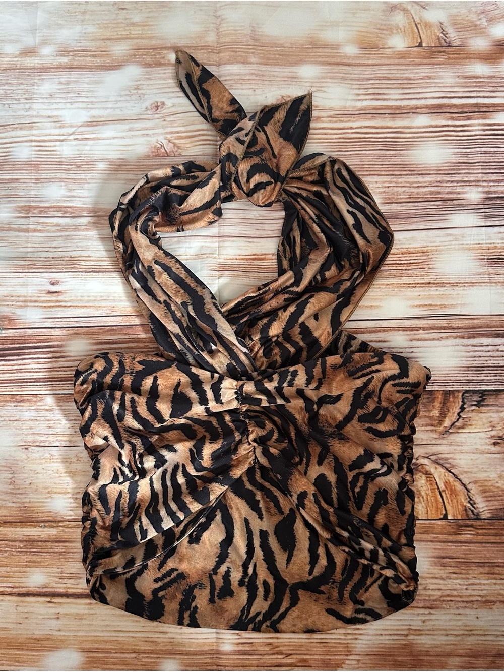 Bingo Brown Tiger Black Stripe Print Cropped Halter Top OS